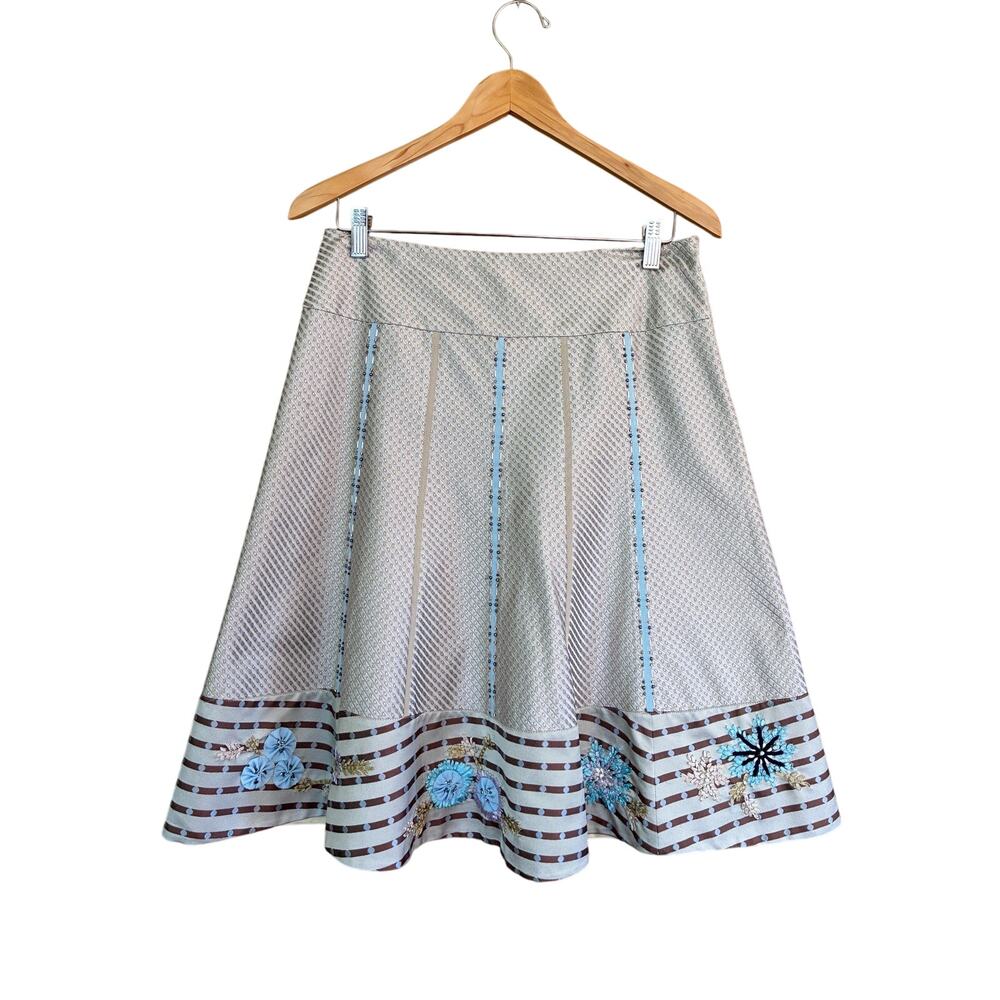 Per Se Skirt Circle Silk Ribbon Embroidery Beading Detail Brown Tan Blue Size 8